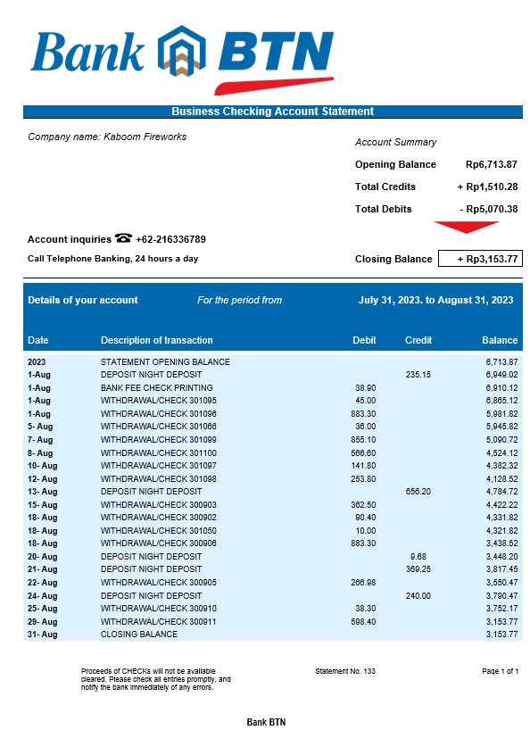 Modèle Word et PDF de relevé de compte d'entreprise de la Banque BTN